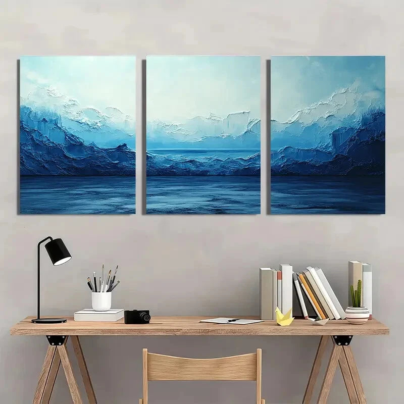 3pcs Abstract Blue & White Minimalist Metal Print Ready to Hang Art
