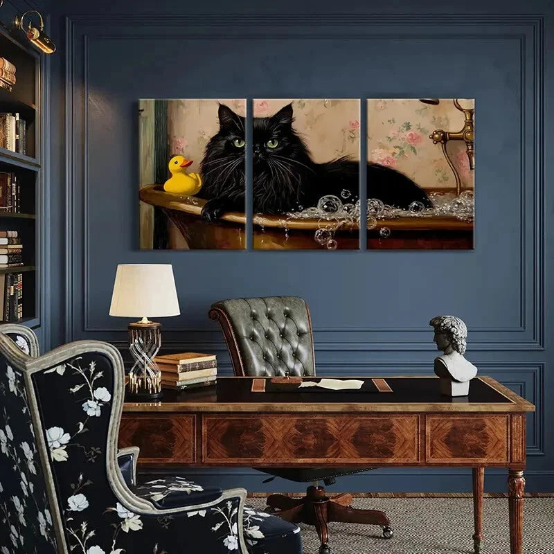 3pcsBlack Cat Bathing Rubber Duck Floral Wallpaper Metal Print Ready to Hang Art