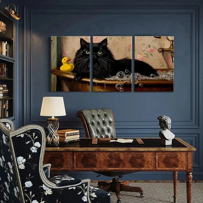 3pcsBlack Cat Bathing Rubber Duck Floral Wallpaper Metal Print Ready to Hang Art