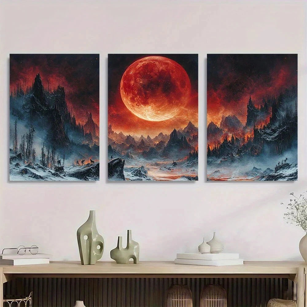 3pcs Fantasy Anime Game Red Moon Scene Metal Print Ready to Hang Art