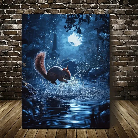 Enchanting Squirrel Forest Scene Moonligh Painting  40x60cm Metal Print Ready to Hang