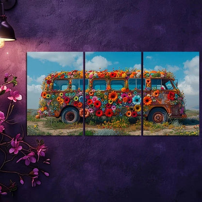 3pcs Vibrant Floral Bus Design Metal Print Ready to Hang Art