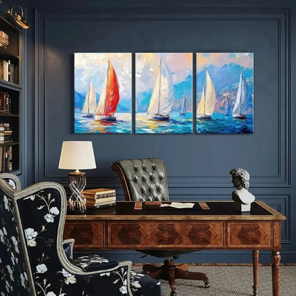 3pcs Sailing Boats Ocean Waves Blue Sky Metal Print Ready to Hang Art