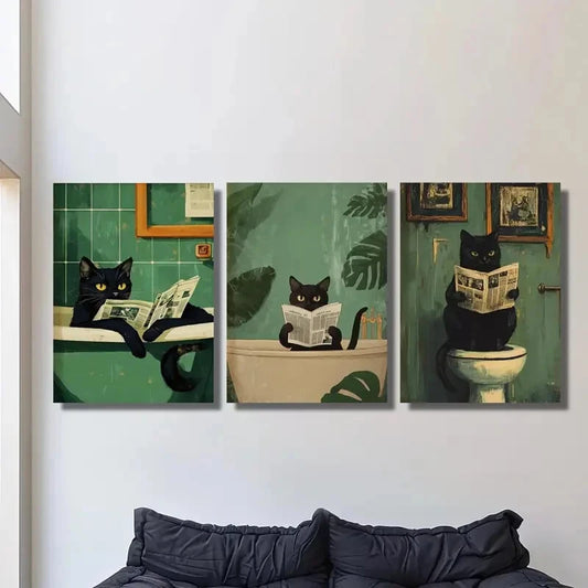 3pcs ,Art Deco Black Cat Metal Print Ready to Hang Art