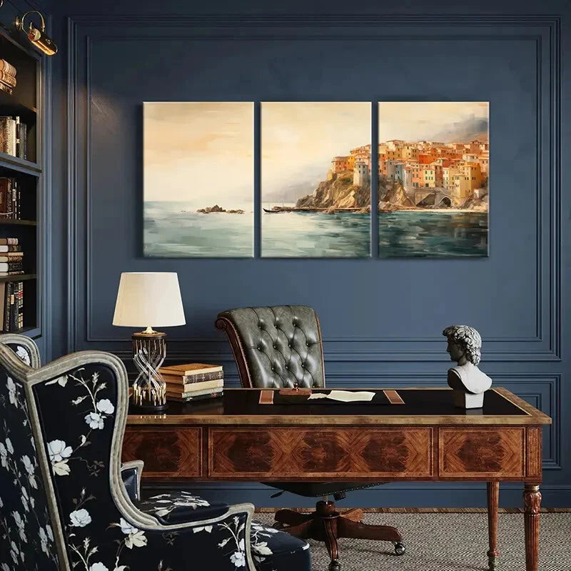 3pcs Cliffside Village Serene Waters Metal Print Ready to Hang Art