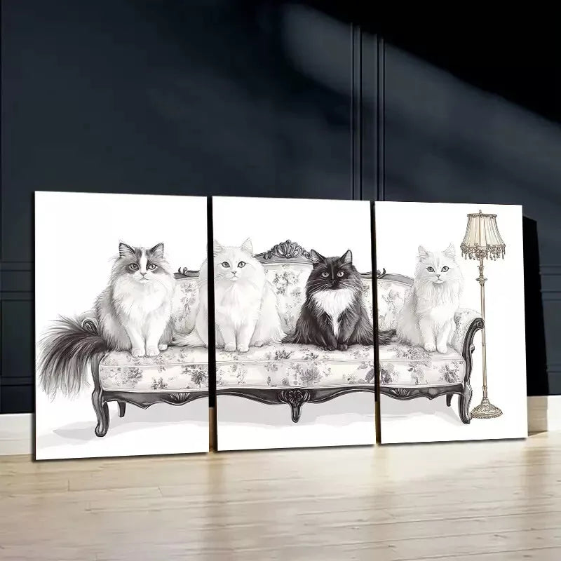 3pcs Black & White Cats In Sofa Canvas Framed 40x60cm - High Quality Print 100% Australian Made Wall Canvas Ready to Hang