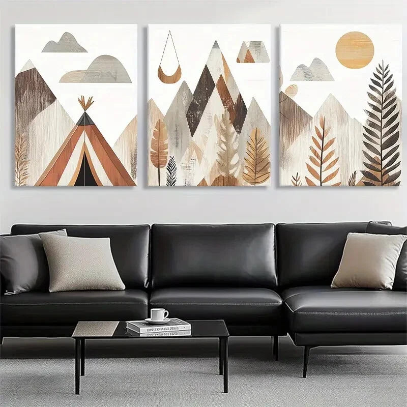 3pcs Abstract Geometric Design with Teepee Nature Metal Print Ready to Hang Art