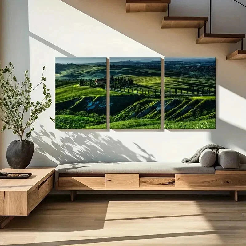 3pcs Natural Green Hills Grasslands Mountains Wall Art Set Canvas Framed 40x60cm - High Quality Print 100% Australian Made Wall Canvas Ready to Hang