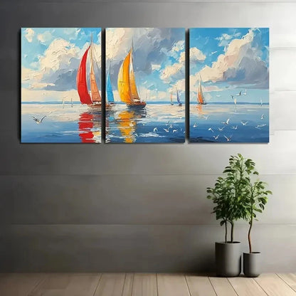 Three-panel painting of sailboats on a wall with two potted plants on the floor.