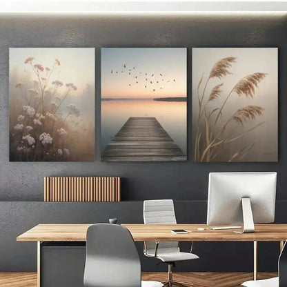 3pcs Dock Birds Wildflowers Reed Grass Metal Print Ready to Hang Art