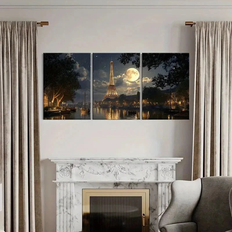 3pcs Romantic Paris Landscape with Full Moon Metal Print Ready to Hang Art