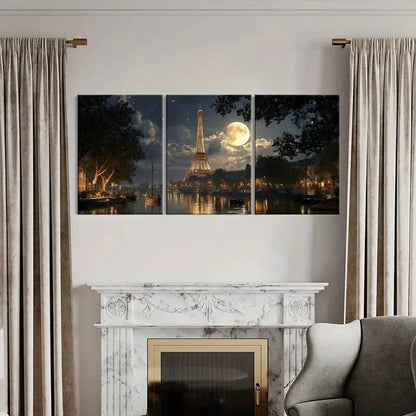 3pcs Romantic Paris Landscape with Full Moon Metal Print Ready to Hang Art