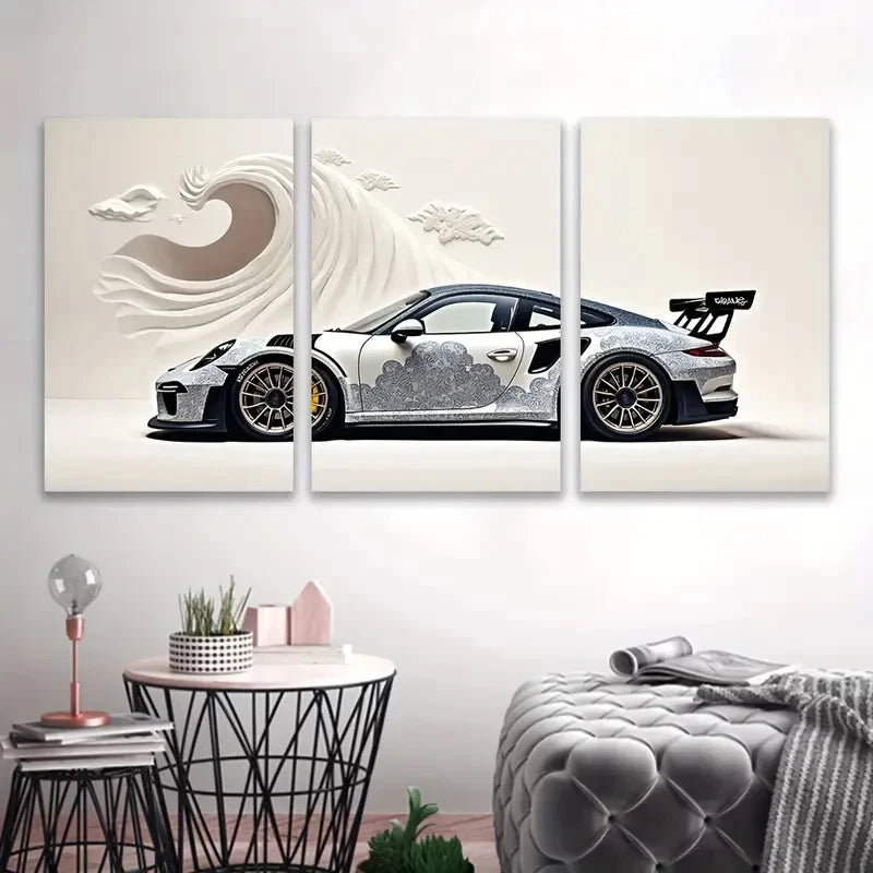 3pcs White Sports Car Wall Art Set Canvas Framed 40x60cm - High Quality Print 100% Australian Made Wall Canvas Ready to Hang