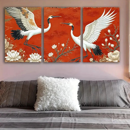 3pcs Crane Flight & Floral Design Metal Print Ready to Hang Art
