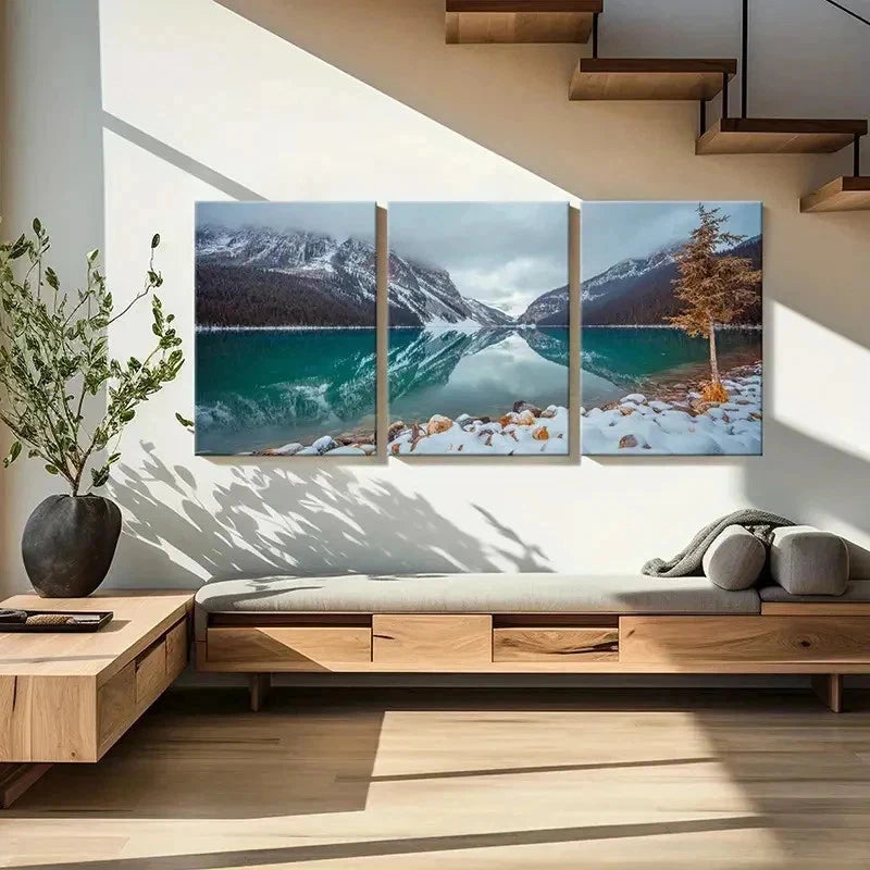 3pcs Snow Mountain Tree and Lake Modern Wall Art Set Canvas Framed 40x60cm - High Quality Print 100% Australian Made Wall Canvas Ready to Hang