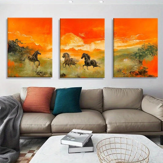 3pcs Wild Horse Sunset Vibrant Orange & Golden Metal Print Ready to Hang Art
