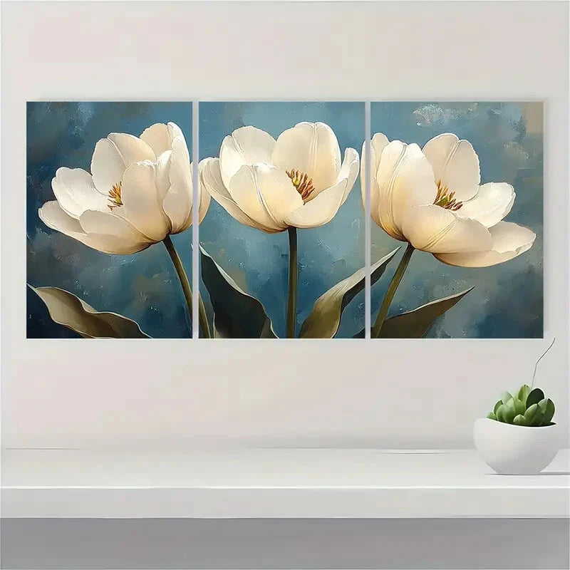 3pcs White Tulips Floral Watercolor Art Prints Metal Print Ready to Hang Art