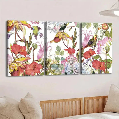 3pcs Vibrant Floral & Birds Red Flowers Parrots Wall Art Set Canvas Unframed - High Quality Print 100% Australian Made Wall Canvas