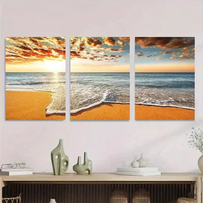 3pcs Beach Sunset Vibrant Sunset Painting Wall Art Set Canvas Unframed - High Quality Print 100% Australian Made Wall Canvas