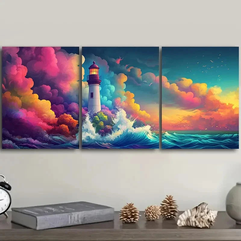 3pcs Luxurious Lighthouse on the Sea Metal Print Ready to Hang Art
