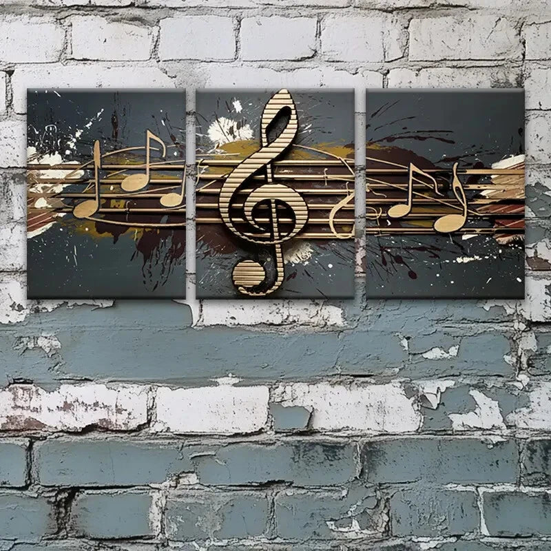3pcs Abstract Musical Notes Golden Themed Metal Print Ready to Hang Art