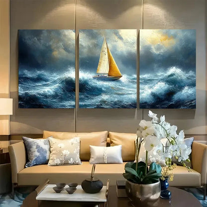 3pcs Boat Sailing Through Rough Seas Metal Print Ready to Hang Art