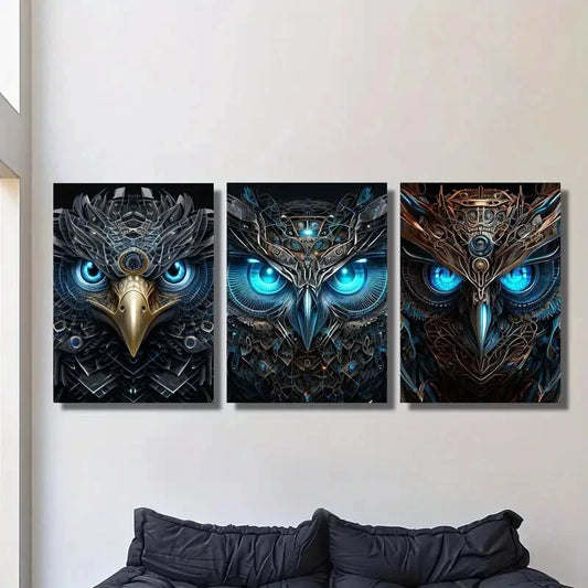 3pcs Abstract Retro Owl, Mechanical Metal Print Ready to Hang Art