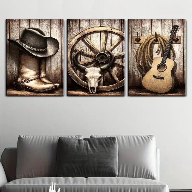 3pcs Vintage Cowboy Hat Boots Guitar Metal Print Ready to Hang Art