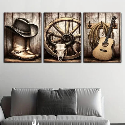 3pcs Vintage Cowboy Hat Boots Guitar Metal Print Ready to Hang Art
