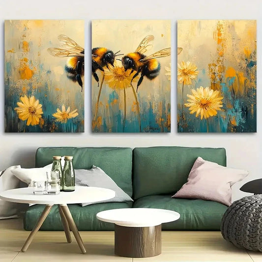 3pcs Vibrant Bumblebee & Dandelion Metal Print Ready to Hang Art