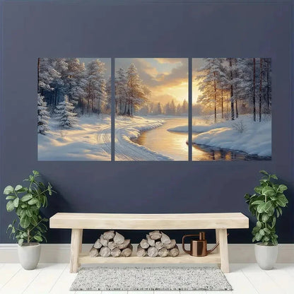 3pcs Winter Wonderland Snowy Forest & River Scene Metal Print Ready to Hang Art