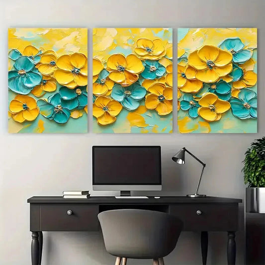 3pcs Vibrant Yellow Floral Abstract Textured Metal Print Ready to Hang Art