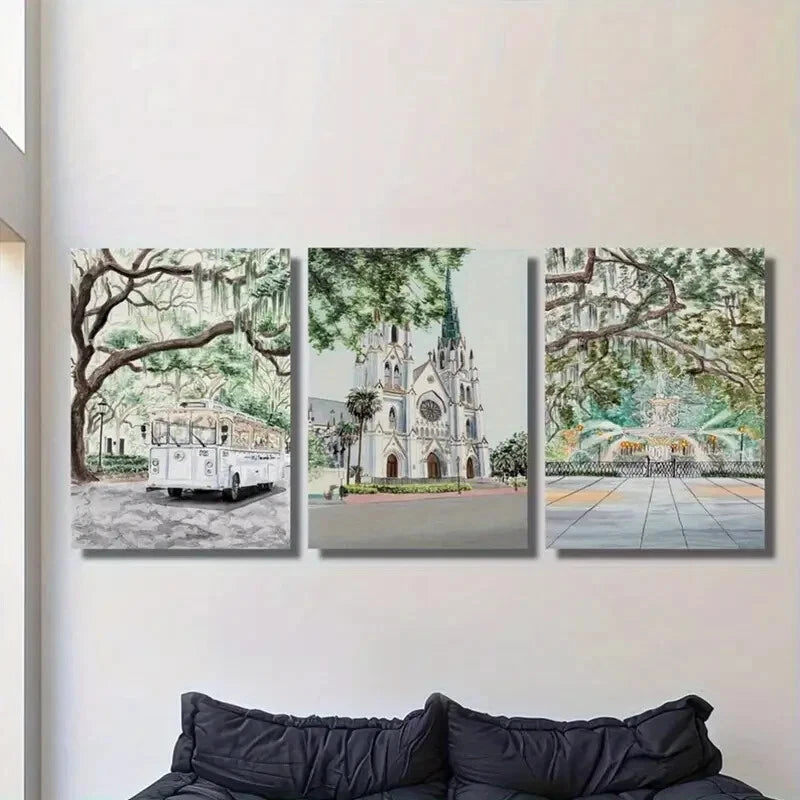 3pcs Trolley Cathedral and Fountain Scenes Metal Print Ready to Hang Art