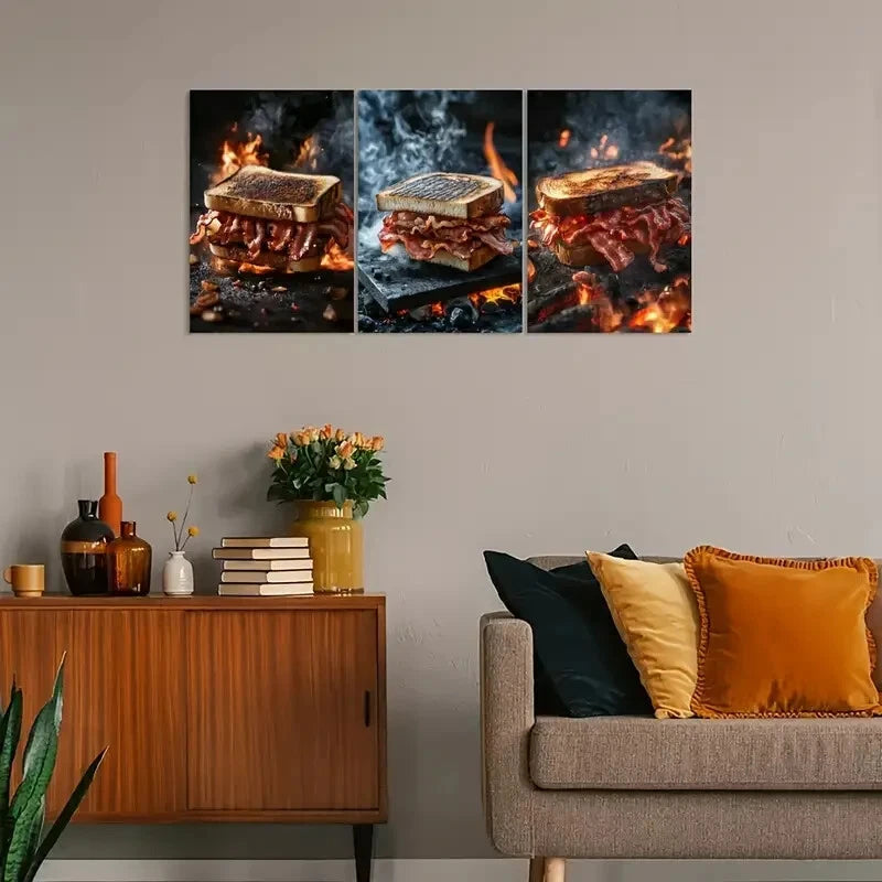 3pcs Vintage-Inspired Bacon Sandwich Metal Print Ready to Hang Art