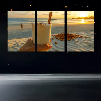 3pc Sunset Beach Scene with Drink and Vanilla Beans   Wall Art Set Canvas Framed 50x70cm - High Quality Print 100% Australian Made Wall Canvas Ready to Hang - Bella Home Decor