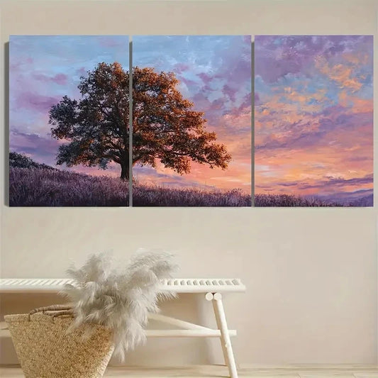 3pcs Oak Tree Sunset Old Tree Wall Art Metal Print Ready to Hang Art