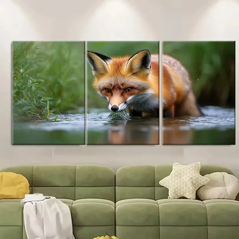 3pcs Curious Wild Fox Drinking from River Metal Print Ready to Hang Art