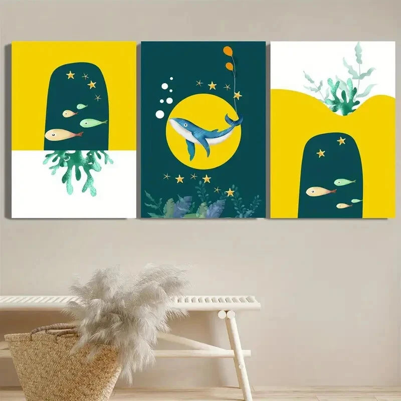 3pcs Blue Whale Yellow Themed Metal Print Ready to Hang Art