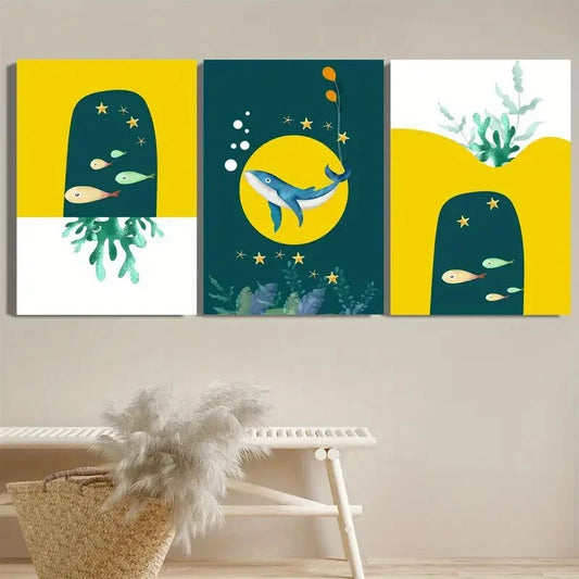 3pcs Blue Whale Yellow Themed Metal Print Ready to Hang Art