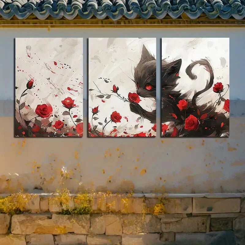 3pcs Vibrant Roses with Cat-Themed Design Metal Print Ready to Hang Art
