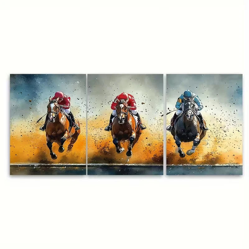 3pcs Equestrian Watercolor Racetrack Action Metal Print Ready to Hang Art