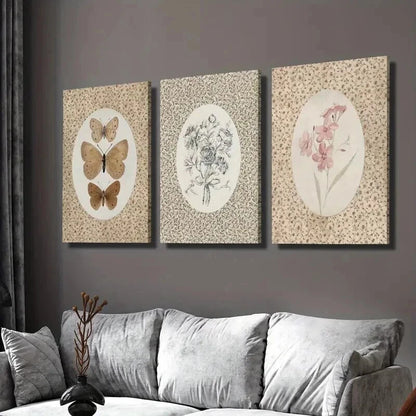3pcs Vintage Butterfly & Pink Flowers Wall Art Set Canvas Framed 40x60cm - High Quality Print 100% Australian Made Wall Canvas Ready to Hang
