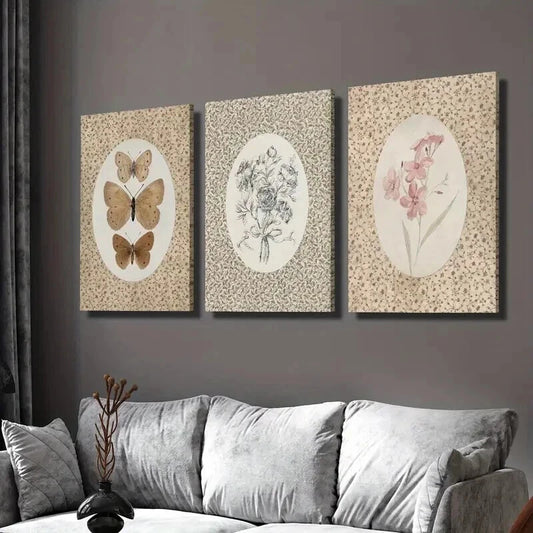 3pcs Vintage Butterfly & Pink Flowers Wall Art Set Canvas Framed 40x60cm - High Quality Print 100% Australian Made Wall Canvas Ready to Hang