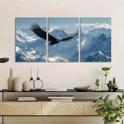 3pcs Eagle Soaring Over Snow-Capped Mountains Metal Print Ready to Hang Art