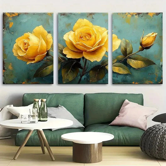 3pcs Romantic Floral Yellow Rose Design Metal Print Ready to Hang Art
