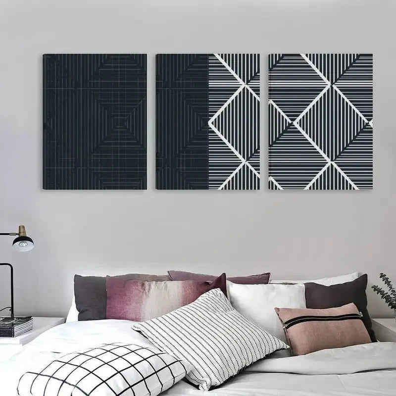 3pcs Black & White Geometric Line Decor  Wall Art Set Canvas Framed 60x90cm - High Quality Print 100% Australian Made Wall Canvas Ready to Hang