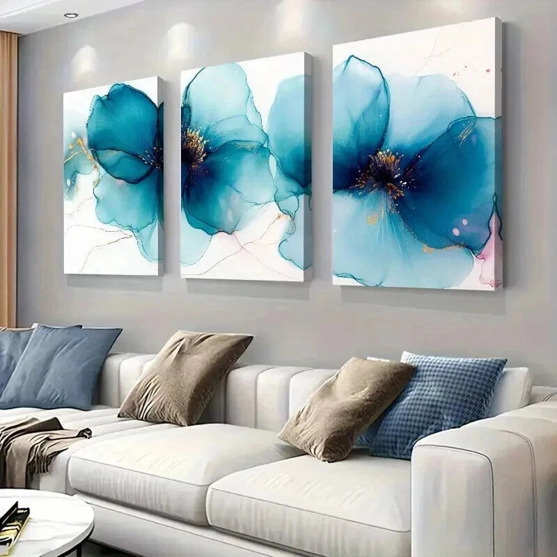 3pcs Abstract Blue Floral Watercolor Flower Wall Art Set Canvas Framed 50x70cm - High Quality Print 100% Australian Made Wall Canvas Ready to Hang