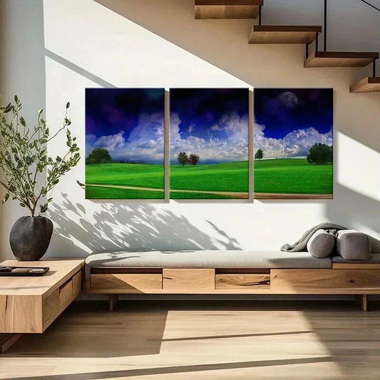 3pcs Lush Meadow Dramatic Cloudy Sky & Trees Wall Art Set Canvas Framed 40x60cm - High Quality Print 100% Australian Made Wall Canvas Ready to Hang