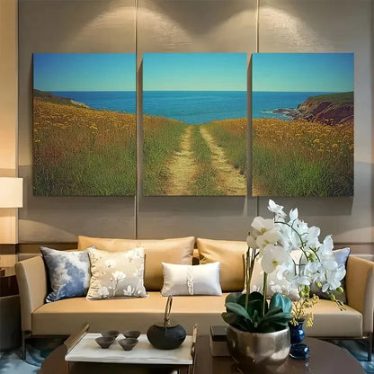 3pcs Deserted Road Under Clear Blue Sky Metal Print Ready to Hang Art