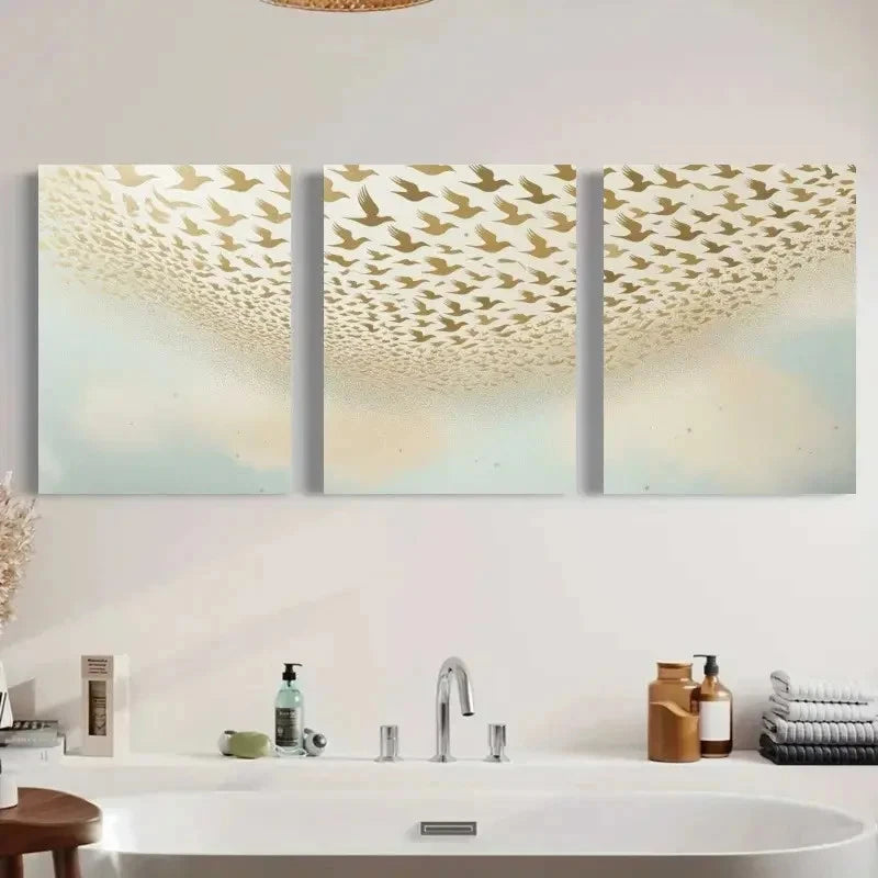 3pcs Flying Birds Golden & White Flock Design Metal Print Ready to Hang Art